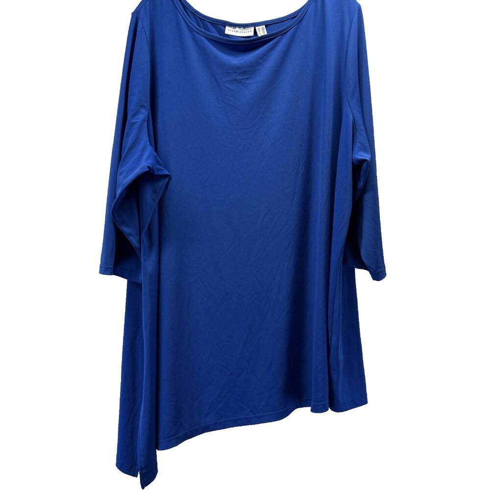 Susan Graver‎ Women's Top 2X Royal Blue Asymmetrical Hem Side Slit Liquid Knit